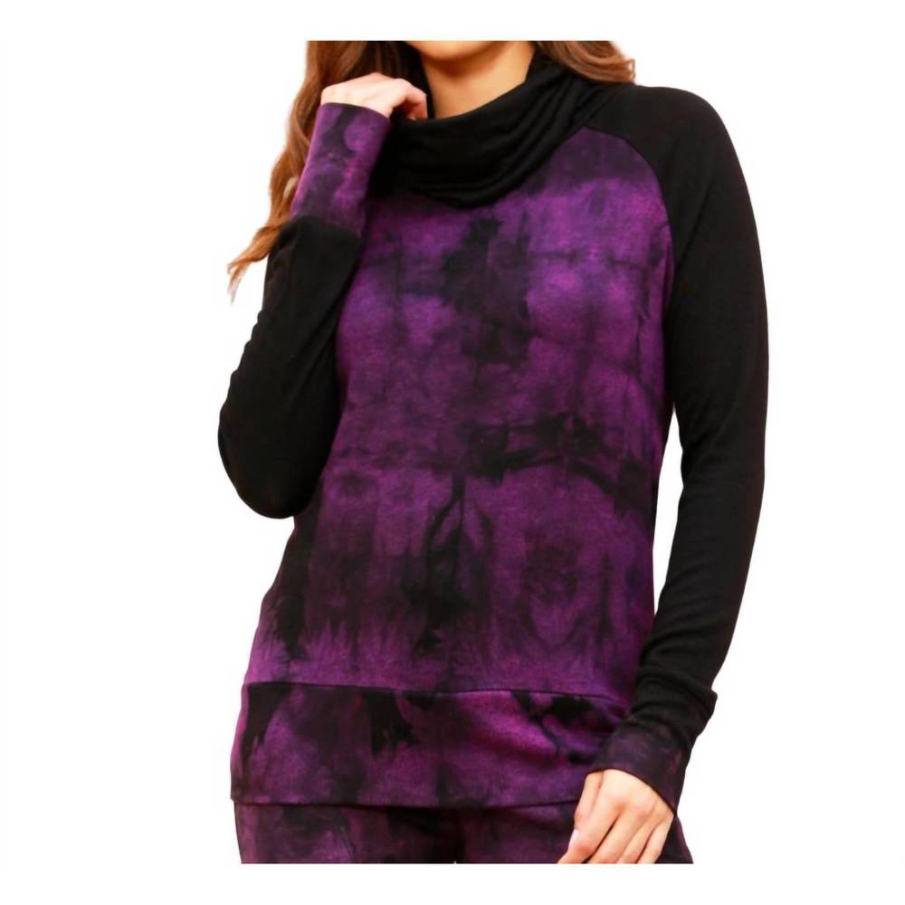 NEW FRENCH KYSS marble wash color block turtleneck top in grape